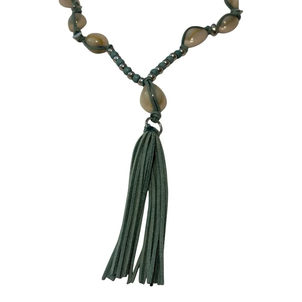 Erica Lyons Shell Necklace Green Corded Tassel Pendent Braided Boho Beach Resort